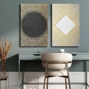 Set tablou decorativ Re-Bloom, 2 piese, model geometric, lemn/panza, auriu/negru/alb, 45 x 70 cm