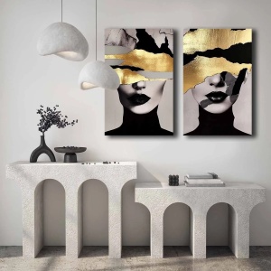 Set tablou decorativ Re-Bloom, 2 piese, panza/lemn, negru/gri/auriu, 45 x 70 cm - Img 3