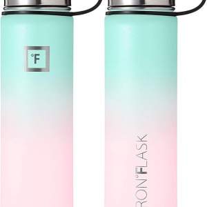 Sticla din otel inoxidabil IRON °FLASK, 3 capace, rece 24 ore / cald 12 ore, izolata, roz/albastru deschis, fara BPA, 650 ml - Img 4