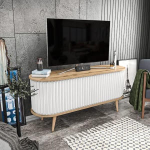 Stor comoda TV 180x43x60 cm, PAL, 2 usi, picioare plastic, stejar si alb - Verificat A · Re-Bloom - Img 2