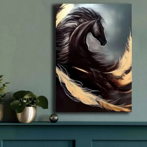 Tablou decorativ canvas model cal, 70x100 cm, panza/lemn, negru/gri/bej - Verificat A · Re-Bloom - Img 2