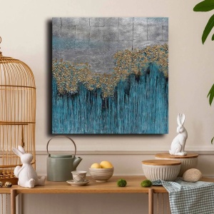 Tablou decorativ Re-Bloom, lemn masiv de pin/panza, gri/auriu/albastru, 70 x 70 cm - Img 4