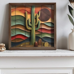 Tablou decorativ Re-Bloom, model cactus, MDF/lemn masiv, multicolor, 50 x 50 x 3,5 cm - Img 3