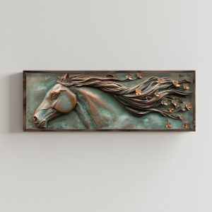 Tablou decorativ Re-Bloom, model cal, lemn masiv/MDF, maro/albastru, 40 x 120 x 3,5 cm