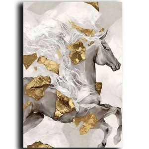 Tablou decorativ Re-Bloom, model cal, panza/lemn, gri/auriu/alb, 70 x 100 cm