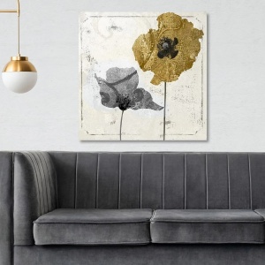 Tablou decorativ Re-Bloom, model floral, lemn/panza, argintiu/gri/auriu, 70 x 70 cm - Img 2