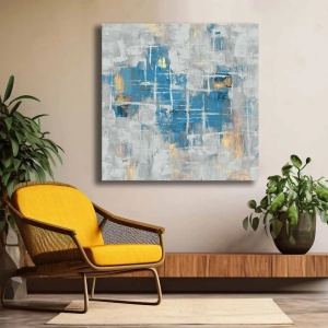 Tablou decorativ Re-Bloom, panza/lemn masiv, albastru/gri/auriu, 69 x 69 cm - Img 3