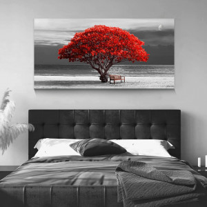 Tablou modern Hyidecorart, copac, gri/rosu, panza/lemn, 100 x 50 cm - Img 6