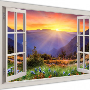 Tablou Sunrise Mountain View cu efect de fereastră 3D, 76cm H x 101cm W x 1,8cm D - Img 4