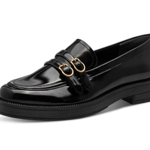 Tamaris, Pantofi loafer din piele lacuita cu detalii metalice, Negru, 38, Resigilat, Grad A