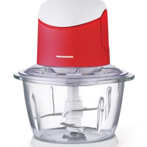 Tocator de legume Heinner HMC-K500WHR, 500W, 1L, 2 cutite din inox, angrenaj metalic, bol sticla, sistem de siguranta, alb/rosu