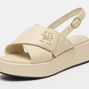 Tommy Hilfiger, Sandale din piele cu talpa wedge si barete incrucisate, Bej deschis, 38, Resigilat, Grad A - Img 1