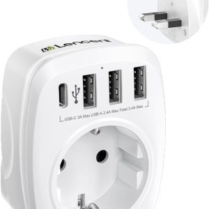 Adaptor 5 in 1 de calatorie LENCENT, ABS, mufa UK, alb, 250 V, 7,3 x 5,9 x 4 cm