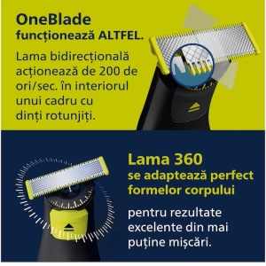 Aparat de ras (0,2mm) si tuns (0,4-10mm) PHILIPS OneBlade Pro QP6542/15, Fata&corp, pieptene cu 14 setari de lungime (0,4-10 mm), 2 accesorii pentru utilizare pe corp, 2 lame 360, 90 min (Li-ion), Resigilat, Grad A - Img 2