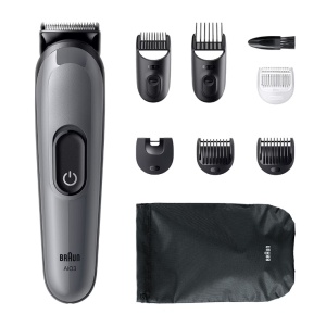Aparat de tuns multifunctional Braun All-in-One Seria 3 AIO3540, 8-in-1, Lama ultra ascutita, 6 Piepteni, 1 Perie de curatare, 1 Saculet, 14 Setari de lungime , Autonomie 50 minute, Gri argintiu lucios, Resigilat, Grad A