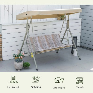 Balansoar de gradina cu baldachin Re-Bloom, otel/poliester/Teslin, 172x110x156 cm, baldachin 168x110 cm, 3 locuri, perne incluse, 210 kg, maro/bej - Verificat A · Re-Bloom - Img 6