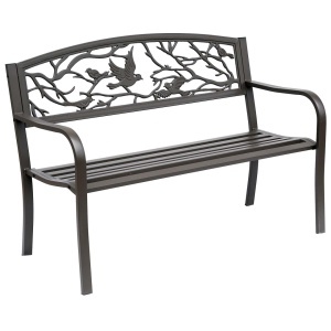 Banca de exterior din otel si fonta cu spatar decorativ, 127x60x85 cm, sezut 120.65x40.64cm/inaltime 40.5cm, spatar 118.74x33cm, cotiere 62cm, capacitate 240kg, maro - Verificat A · Re-Bloom