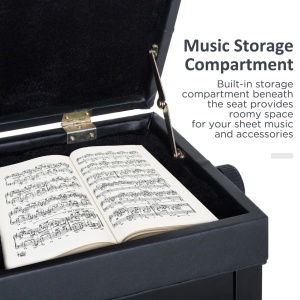 Bancuta pentru pian cu compartiment depozitare, lemn masiv/piele PU/spuma, 54.5x33x48-58 cm, inaltime reglabila, compartiment 50x29x4 cm, captuseala 3.5cm, capacitate 200kg, negru - Verificat A · Re-Bloom - Img 3
