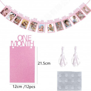 Banner cu rame foto pentru poze cu bebelusi 1-12 luni Jinlaiyun, hartie, roz, 12,5 x 21,5 cm - Img 3