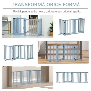 Bariera pliabila pentru caini, lemn de pin, 237.5x36x80 cm pliata 59.5x7.6x80 cm, 4 panouri + usa, potrivita caini talie mica/medie (piept max 50cm), albastru gri - Verificat A · Re-Bloom - Img 6