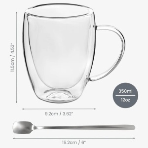 Belle Vous set 6 cani termorezistente sticla borosilicata pereti dubli, 350ml, 9.2x11.5 cm + 6 lingurite metalice 15.2cm, transparent - Verificat A · Re-Bloom - Img 3