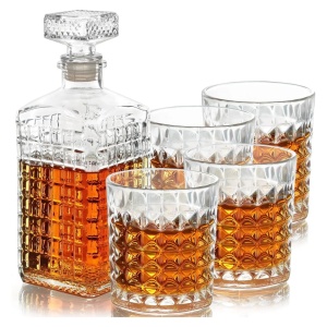 Belle Vous set decantor + 4 pahare whisky, sticla gravata model diamant, decantor 500ml + pahare 4x260ml, dop etans, compatibil masina de spalat vase - Verificat A · Re-Bloom