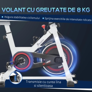 Bicicleta de spinning fitness, volanta 8kg, LCD, senzori puls, otel/ABS, Alb/Rosu/Negru - Verificat A · Re-Bloom - Img 6