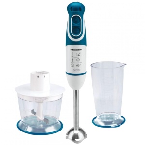 Blender de mana Heinner Charm HB-600BL, Putere 600W, 5 viteze, Functie Turbo, Tel, Tocator, Alb/Albastru