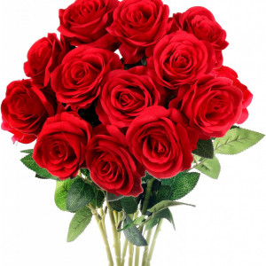 Buchet de 12 trandafiri artificiali Mocoosy, matase, rosu/verde, 51 cm - Img 1
