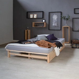 Cadru de pat cu spatiu de depozitare Union Rustic, lemn masiv, natur, 140 x 200 x 28 cm