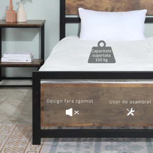 Cadru de pat single stil industrial, otel/MDF, 97x208x103 cm, sipci incluse, capacitate 150kg, negru/maro rustic - Verificat A · Re-Bloom - Img 4