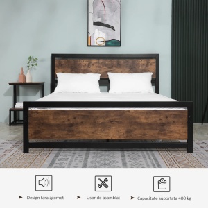 Cadru pat matrimonial Re-Bloom, otel/MDF, 167x208x103 cm, saltea 160x200 cm, tablie 167x103 cm, spatiu sub pat 31 cm, 400 kg, negru/maro rustic - Verificat A · Re-Bloom - Img 4
