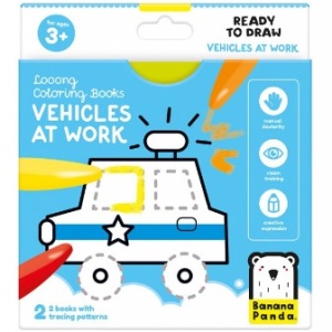 Carte de colorat pentru bebelusi Banana Panda Ready To Draw, Vehicule la lucru, 23 ilustratii simple, 2 carti tip acordeon, 96 cm lungime