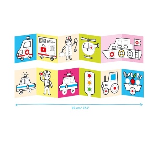 Carte de colorat pentru bebelusi Banana Panda Ready To Draw, Vehicule la lucru, 23 ilustratii simple, 2 carti tip acordeon, 96 cm lungime