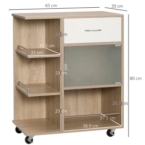Carucior de bucatarie modern cu sertar, 3 rafturi si dulap cu usa sticla, placi aglomerate/inox/sticla, 65x39x80 cm, sertar 33.4x28.5x9cm, dulap 38.9x37.5x25.7cm, capacitate 40kg, natural/alb - Verificat A · Re-Bloom - Img 3