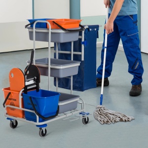 Carucior profesional de curatenie cu 4 galeti 118x73x103 cm, fier/PP/Oxford, tava port-obiecte, storcator inclus, gri - Verificat A · Re-Bloom - Img 2