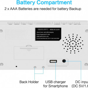 Ceas cu alarma SHANLONYI, afisaj LED, incarcare USB, alb/albastru, 17,7 x 3,8 x 9,5 cm - Img 3