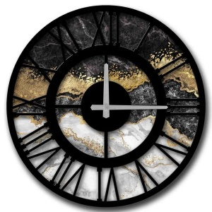 Ceas decorativ de perete MDF, diametru 50 cm, gri/auriu/negru - Verificat A · Re-Bloom
