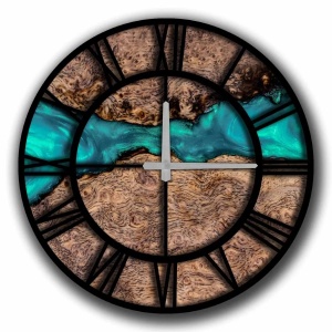 Ceas decorativ de perete Re-Bloom, MDF, maro/albastru/negru, 50 cm