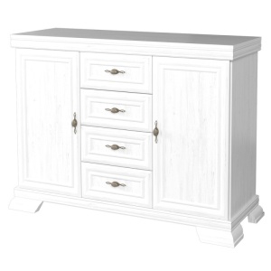 Comoda living VM3, 2 usi, 4 sertare, Alb Antichizat, 128 x 46 x 97 cm - Img 1