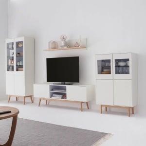 Comoda TV Lindholm, MDF/lemn masiv de stejar, alb/natur, 160 x 59 x 40 cm