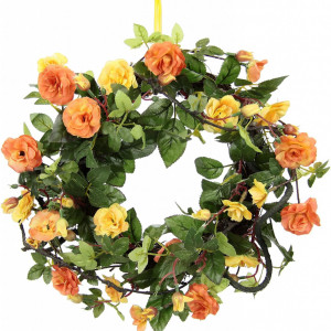 Coronita pentru usa Flair Flower, plastic/matase, verde/galben/portocaliu, 32 x 32 x 8 cm