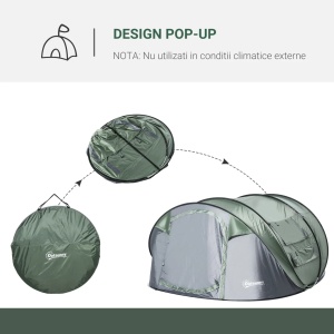 Cort de camping pop-up Re-Bloom, poliester/PE/plasa/fibra sticla, 263.5x220x123 cm, 2 persoane, 2 usi, 4 ferestre, impermeabil, 8 tarusi+4 corzi+husa incluse, verde inchis/gri - Verificat A · Re-Bloom - Img 6