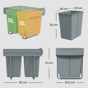 Cos de gunoi glisant sub chiuveta cu 2 galeti Re-Bloom, PP/ABS/metal, 52x33.5x41 cm, 2x20L, gri - Verificat A · Re-Bloom - Img 2