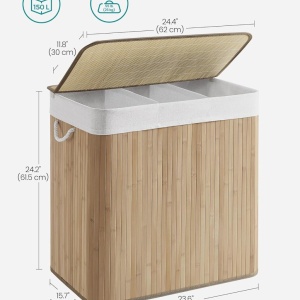 Cos pentru rufe Songmics, 3 compartimente, bambus/textil/metal, natur, 60 x 40 x 61,5 cm, Resigilat, Grad A - Img 2