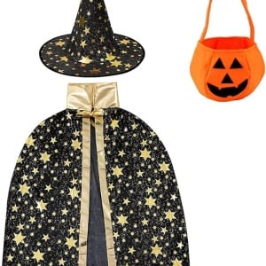 Costum de Halloween pentru copii Winwild, 3 piese, textil, negru/auriu/portocaliu, 72 cm