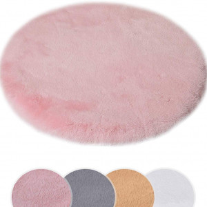 Covoras rotund HEQUN, poliester/blana artificiala, roz, 30 x 30 cm