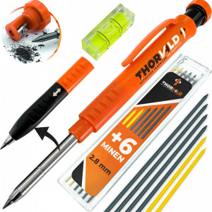 Creion mecanic cu ascutitoare si 6 mine de rezerva pentru constructii THORVALD, portocaliu, metal - Img 1