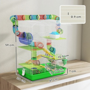 Cusca pentru hamsteri cu 5 niveluri, metal/PP/PS, 47x30x59 cm, tuba colorate, roata Ø13cm, casuta 14x9.5x9.5cm, bol + adapator 75ml incluse, verde - Verificat A · Re-Bloom - Img 3