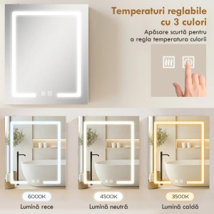 Dulap baie cu oglindă LED anti-aburire, MDF/sticlă, 50x15x60cm, Alb - Verificat A · Re-Bloom - Img 2
